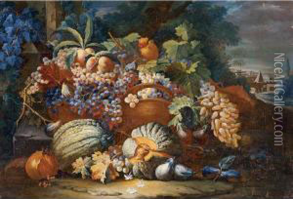 Still Life Of Melons, Grapes, Peaches And Other Fruit In A Landscape Oil Painting - Maximillian Pfeiler