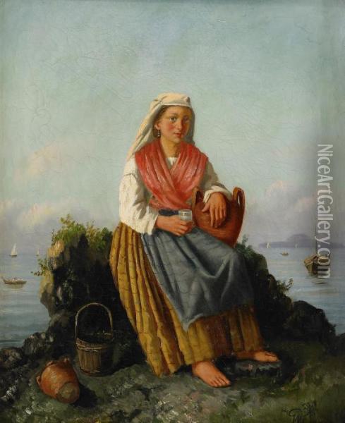 Sittande Allmogekvinna I Kustlandskap Oil Painting - Gustaf-Wilhelm Palm