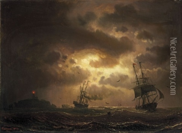 Segelschiffe Auf Nachtlicher See Oil Painting - Marcus Larsson