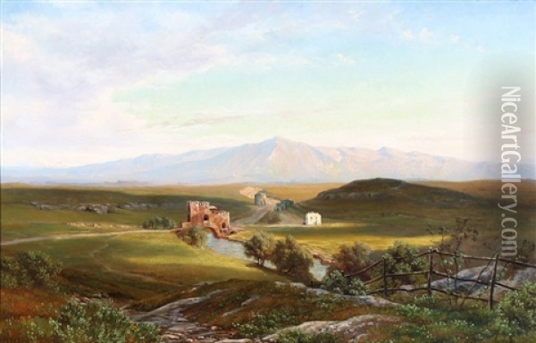 View From The Roman Campagna With A View Towards Ponte Nomentano Oil Painting - Thorald Laessoe