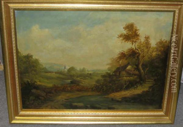 Rolling Landscape With Cottage In Foreground And Distant Steeple Oil Painting - Charles Baker
