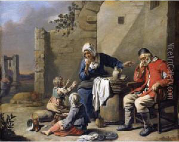 A Family Resting Before A House, With A Mother Silencing Her Children Whilst Her Husband Sleeps Oil Painting - Abraham Willemsens