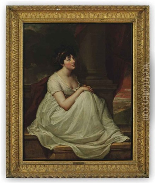 Portrait Of Jane Winder, Wife Of William Charles Monck-mason Of Masonbrook, Co. Kildare, Seated On A Ledge In A White Dress With A Gold Headdress Beside A... Oil Painting - Hugh Douglas Hamilton