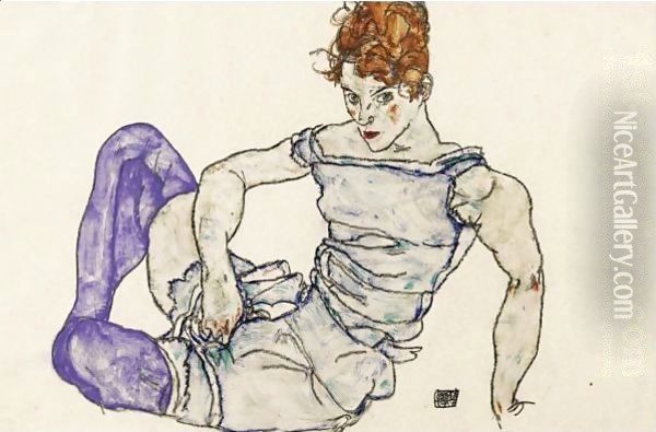 Sitzende Frau Mit Violetten Strumpfen Oil Painting - Egon Schiele