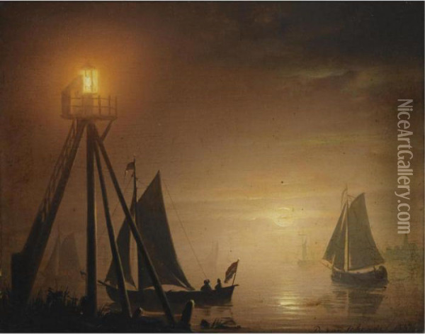 Boats At Moonlight Oil Painting - Petrus van Schendel