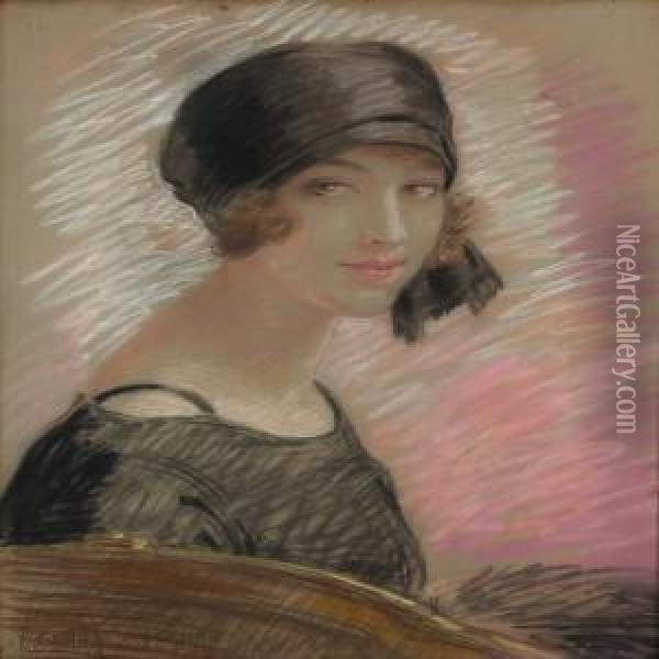 Portrait Of A Woman In Black Dress Oil Painting - Gerda Wegener