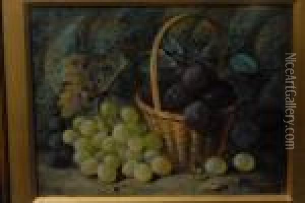 Still Life, A Basket Of Ripe Plums And Grapes On A Mossy Bank Oil Painting - Vincent Clare