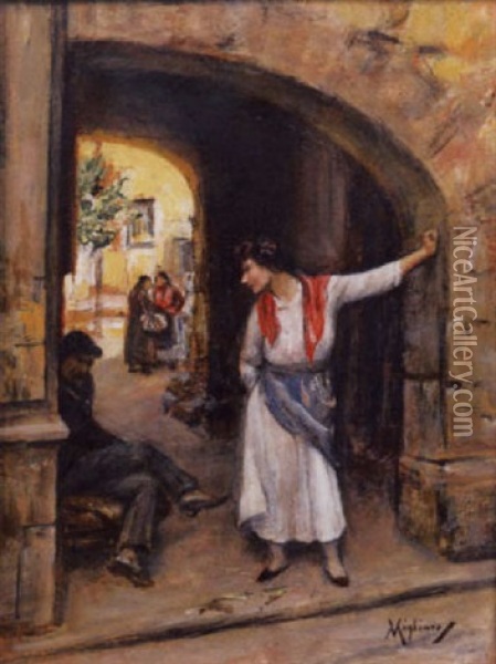 Donna In Un Vicolo Oil Painting - Vincenzo Migliaro