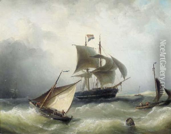 Busy Shipping In A Breeze Off The Coast Oil Painting - Nicolaas Riegen