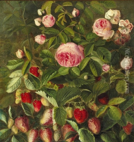 Pink Roses And Strawberries Oil Painting - Otto Didrik Ottesen