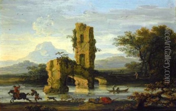 Italianate River Landscape With A Rider And A Ruined Bridge Oil Painting - Jan de Momper