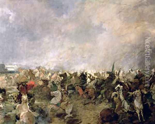 The Battle of Guadalete detail of the escape of the Goths from the command of King Roderic in the presence of the Muslim cavalry of Tarik Ibn Ziyad 711 Oil Painting - Salvador Martinez Cubells