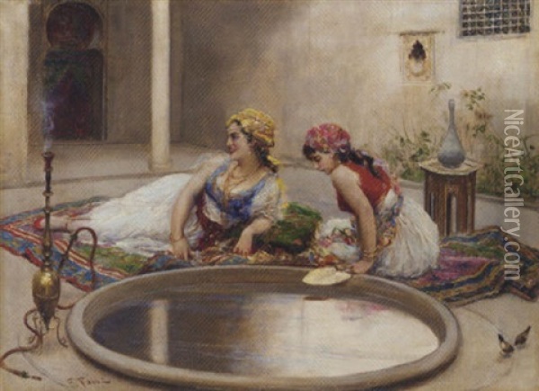 Reclining Odalisques By A Reflecting Pool Oil Painting - Fabio Fabbi