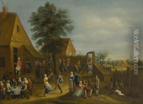 Kirchweihfest In Einer
 Hollandischen Kleinstadt - Bauern Vor Der Schenke Oil Painting - David The Younger Teniers