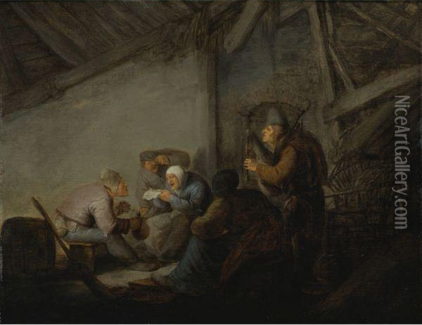Peasants In A Tavern, Possibly A Depiction Of The Sense Ofhearing Oil Painting - Adriaen Jansz. Van Ostade