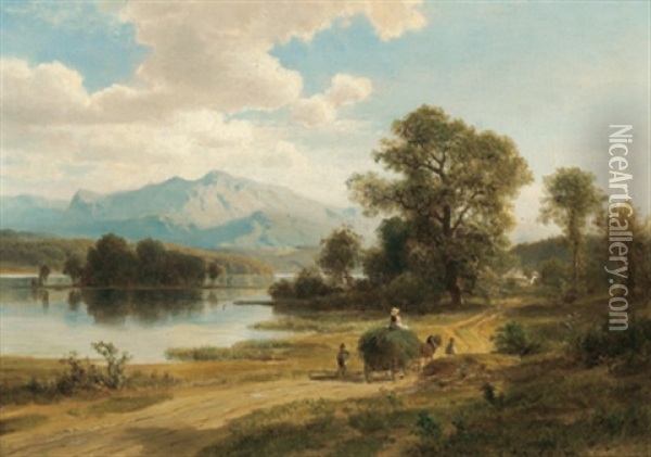 Heuwagen Am Seeufer Oil Painting - Ludwig Georg Eduard Halauska