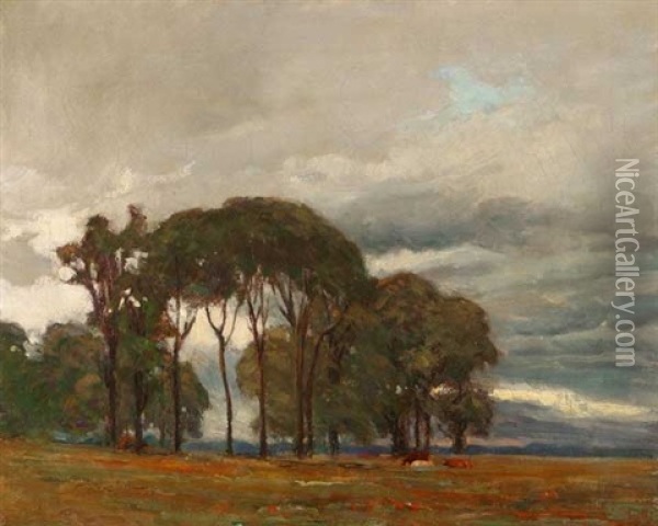 Cloudy Day - Cattle In Eucalyptus Landscape Oil Painting - Wilbur L. Oakes