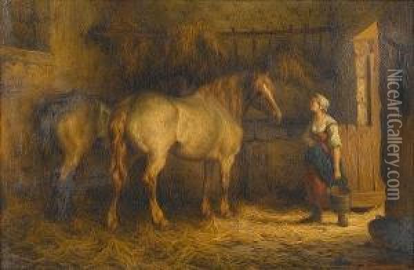 In The Stable Oil Painting - Willem Jacobus Boogaard
