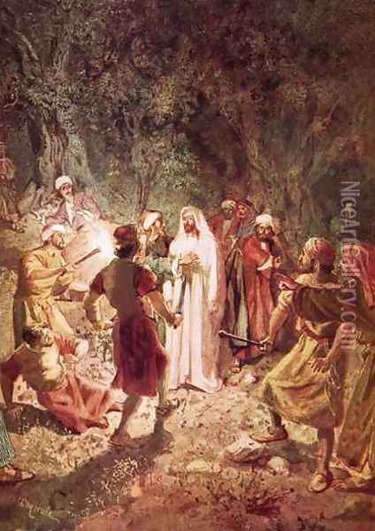 Judas betraying Jesus with a kiss in the garden of Gethsemane Oil Painting - William Brassey Hole