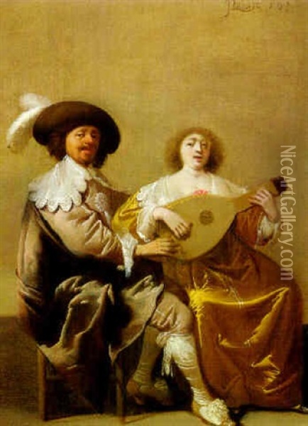A Man And A Woman Playing A Lute Oil Painting - Pieter Jansz Quast