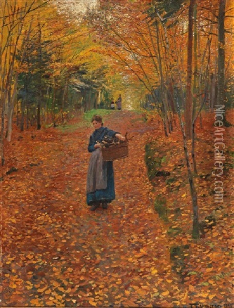 Woman Gathering Wood In An Autumn Wood Oil Painting - Friedrich Kallmorgen