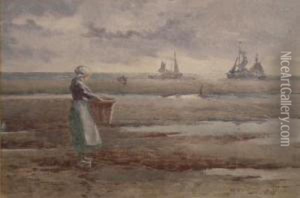 Dutch Beach Scene With Girl Toforeground And Boats To Background Oil Painting - Hutton Mitchell