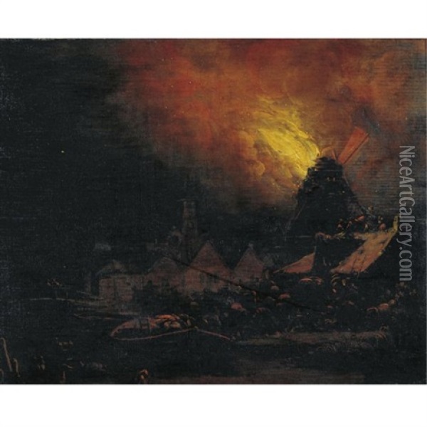 A Burning Mill At Night With Villagers Scrambling To Extinguish The Fire Oil Painting - Egbert Lievensz van der Poel