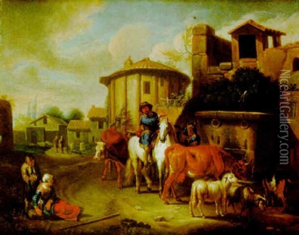 Paisaje De Pueblo Con Viajero Preguntando El Camino A Unos Pastores Oil Painting - Pieter van Bloemen