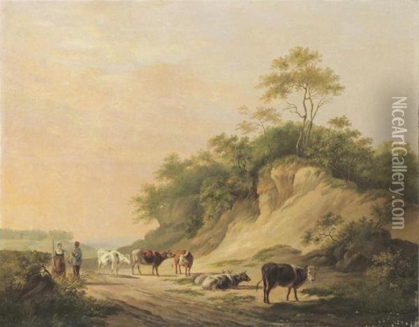 Cattle On A Sandy Track Oil Painting - Albertus Verhoesen