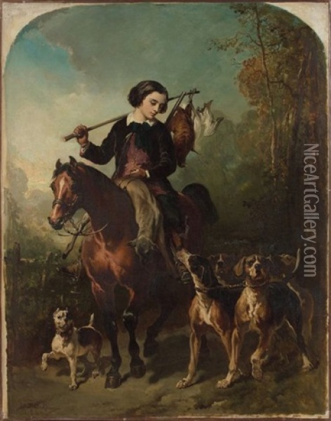 Jeune Cavalier Revenant De La Chasse Oil Painting - Alfred De Dreux