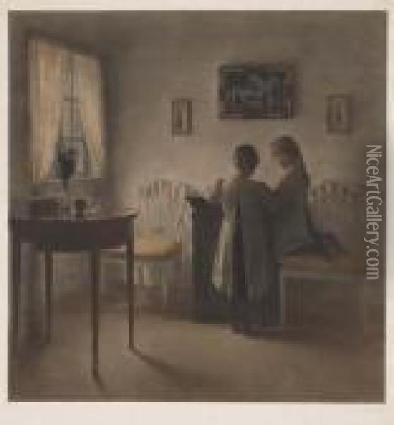 Two Little Girls Playing Oil Painting - Peder Vilhelm Ilsted
