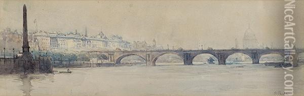 Waterloo Bridge From The Thames Looking East With Somerset House And St Paul's Beyond Oil Painting - Arthur Ernest Streeton