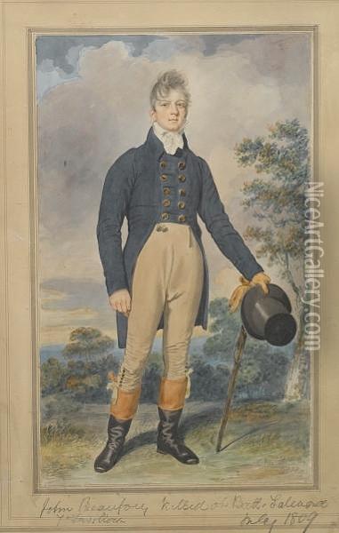 John Beaufort, Wearing Double-breasted Bluecoat With Brass Buttons, Tied White Stock, Buff Trousers Withbuttons Below The Knee And Two Seals At The Waist, Black Boots Withbrown Tops, Holding A Cane, Glove And Black Top Hat In His Lefthand, Standing In Woo Oil Painting - Samuel de Wilde