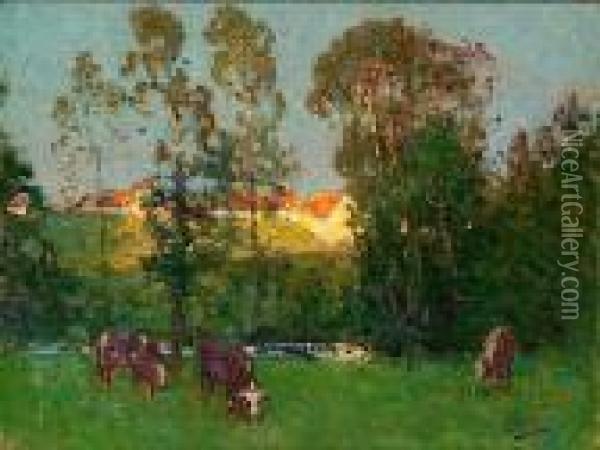 Les Vaches Au Pre Oil Painting - Pierre Eugene Montezin