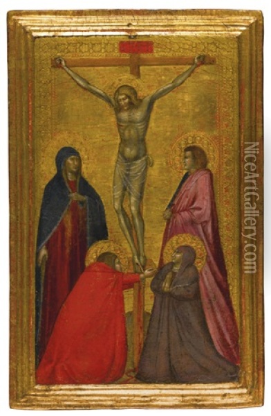 The Crucifixion With The Virgin, And Saints Mary Magdalene, John The Evangelist And A Franciscan Female Saint (collab. W/workshop) Oil Painting - Pietro Lorenzetti