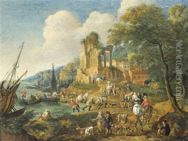 Fishermen Landing Their Catch, With Travellers On A Track, Beside Classical Ruins, A City Beyond Oil Painting - Pieter Bout