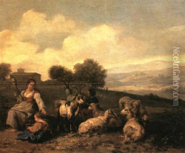 An Extensive Landscape With Sheep And Goats Attended By A   Shepherdess And Her Child Spinning Yarns Of Wool Oil Painting - Hendrick Mommers