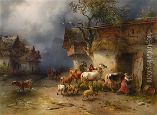 Heimeilendes Vieh In Einem Gebirgsdorf Bei Regen Oil Painting - Friedrich Gauermann
