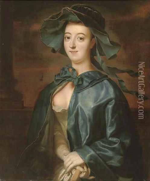Portrait of a lady, half-length, in a blue silk cape and hat Oil Painting - Henry Robert Morland