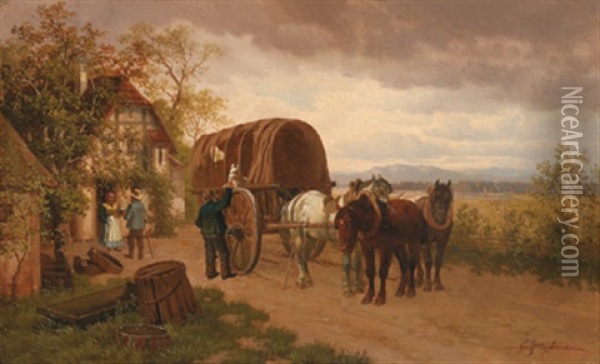 Ein Pferdefuhrwerk Vor Einem Bauernhaus Oil Painting - Eduard Goetzelmann