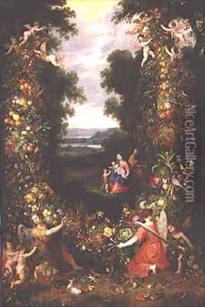 Holy Family in a landscape with a garland of fruit and vegetables Oil Painting - J. & Avont, P. van Brueghel