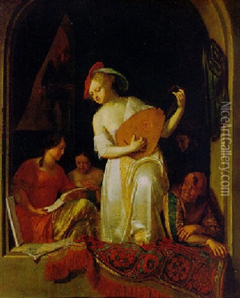 Musicians In A Niche Oil Painting - Jacob Ochtervelt