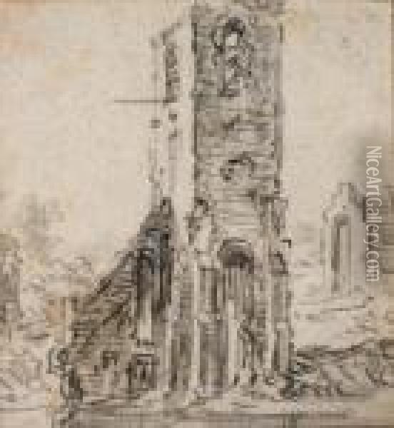 La Tour D'une Eglise En Ruines A Eik-en-duinen Oil Painting - Jan van Goyen