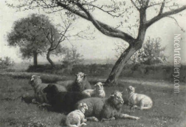 Sheep Resting Under Blossom Oil Painting - William Baptiste Baird