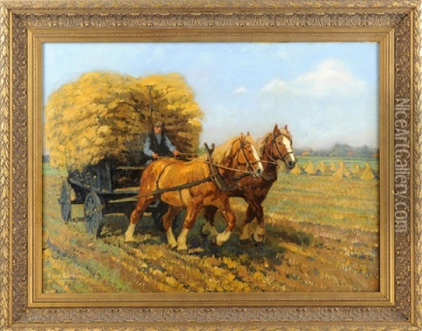 Pferdegespann Vor Heuwagen Oil Painting - Gijsbertus Johannes Van Overbeek