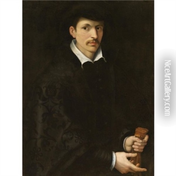 Portrait Of A Gentleman, Half Length, Wearing Black And Holding A Pair Of Gloves Oil Painting - Francesco del Rossi (Salviati)
