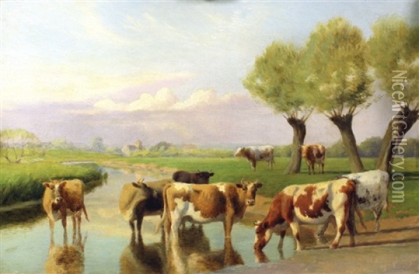 Canterbury Meadows - With Cattle To Foreground Oil Painting - William Sidney Cooper