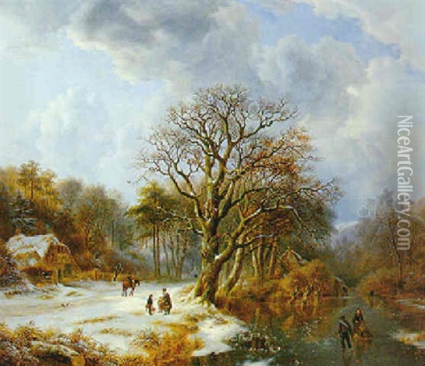 A Winter Landscape With Skaters Oil Painting - Johann Bernard Klombeck