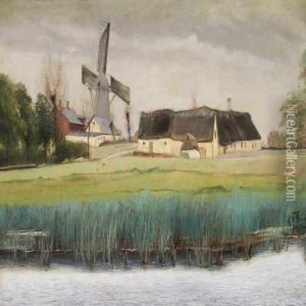Farmhouse And Mill At A Lake Oil Painting - L.A. Ring