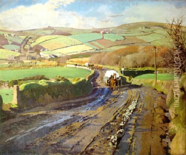 A Cornish Landscape With A Farmer Leading His Horses On A Country Lane Oil Painting - Stanhope Forbes